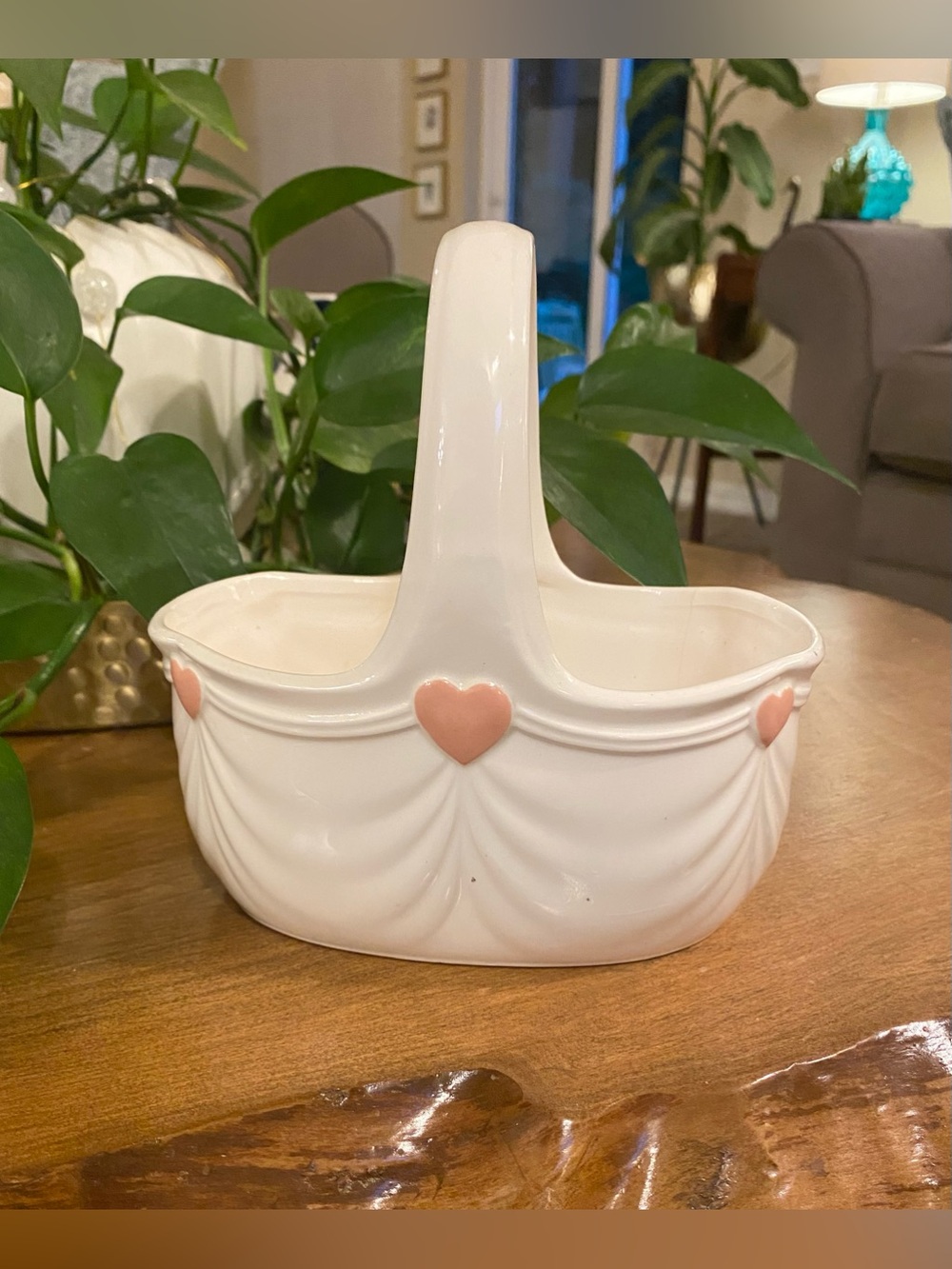 VTG 1985 FTDA White Ceramic Pink Heart Basket Planter Cottagecore